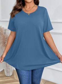 Plus Size Casual Solid Color Short Sleeve T-Shirt, Versatile For Summer - Teal Blue - View 1