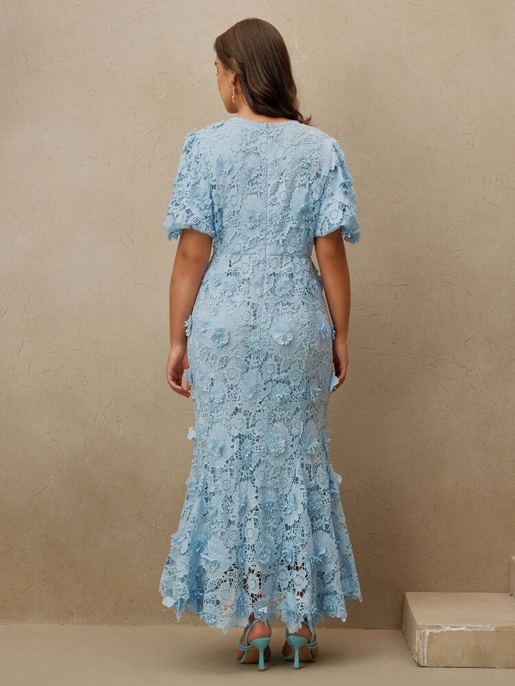 Vestido largo elegante de vacaciones casual de verano con mangas abullonadas y cola de pez, en color rosa, para mujer de talla grande, de moda