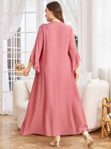 Lacomfia Plus Size Women Plain & Chiffon Patchwork Simple Conservative Casual Dress Fall - Dusty Pink - View 2