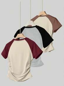 INAWLY 3 件大码女士时尚百搭拼色短袖 T 恤上衣套装，适合夏秋季 - 彩色 - 查看 2