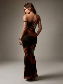 MISSGUIDED Tie Dye Mesh Maxi Dress One Shoulder Body Contour Evening Gown Fall Winter Holiday Party Gala Special Occasion