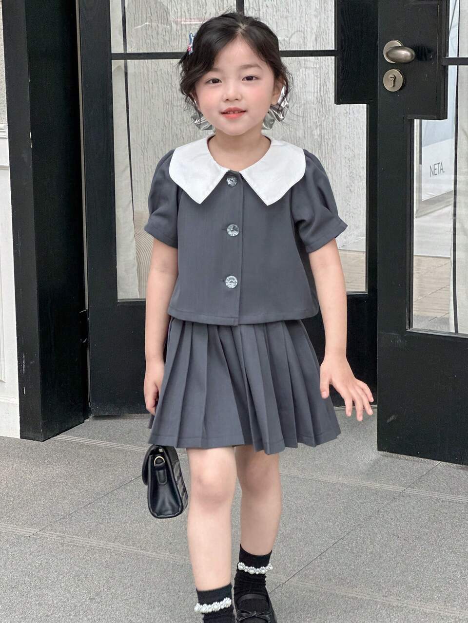 Young Girl Polo Collar Short Sleeve Shirt & Pleated Skirt 2pcs Set,Girls Summer Outfits