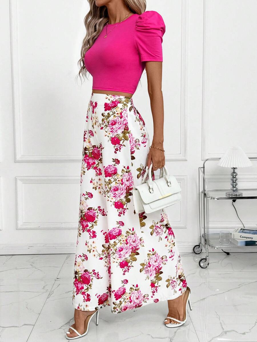 SHEIN Clasi 2件套女士优雅花卉印花阔腿裤和针织套头衫