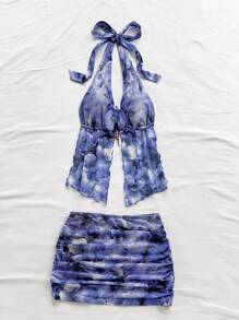 SHEIN x Eduarda Gutierrez Soleia 女士复古扎染花卉印花针织网眼露背系带装饰花背心和褶皱下摆迷你裙套装，适合派对、约会、下午茶、海滩、狂欢节、夏季 - 藍色 - 查看 6