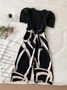 SHEIN Leap Crew 年輕女孩針織實色圓領羊毛袖拼接編織幾何圖案寬鬆休閒連身褲 - 彩色 - 查看 6