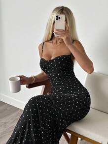 SHEIN EZwear Váy không tay in chấm bi đen cho nữ - Đen và trắng - Xem 3