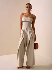 Zivah 2025春夏新品音乐节、复活节、圣帕特里克节、西部风、游牧风、生日派对、毕业季、学院风、学生装、日常休闲出游、百搭基础款、休闲、度假、邮轮旅行、海滩、日光浴、网红畅销款、街头潮流、通勤挂脖阔腿露背抽绳腰卡其色连体裤 - 卡其色 - 查看 4