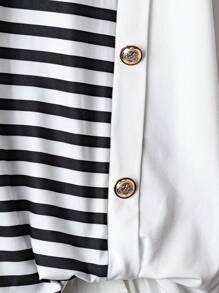 Linhara Plus Size Round Neck Black & White Striped Contrast Side Button T-Shirt