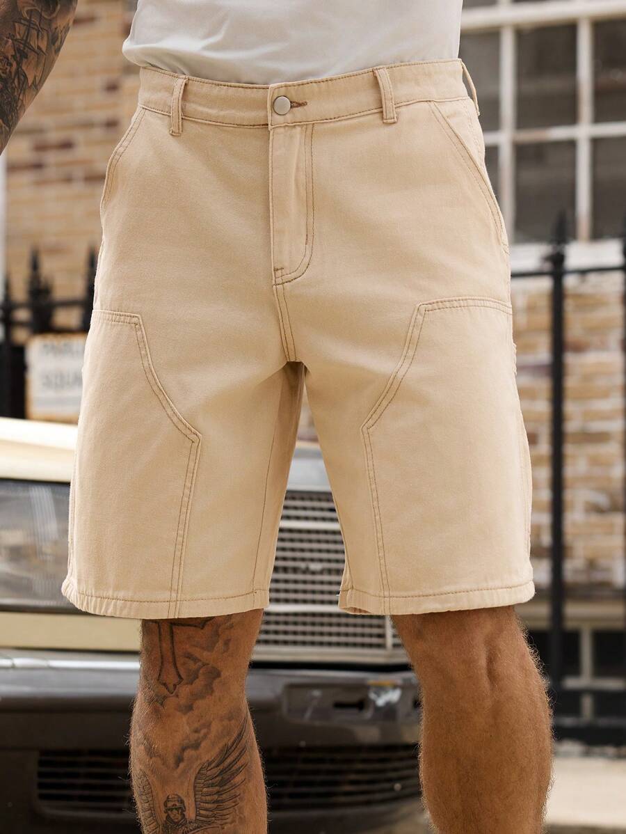 Manfinity Homme 男士纯色简约休闲牛仔短裤 - 卡其色 - 查看 1