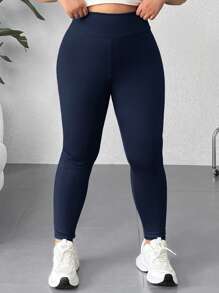 SHEIN EZwear 大码女式纯色高腰休闲百搭紧身裤 - 藏蓝色 - 查看 5