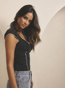 Aralina Winter / Summer Mesh Polka Dot Ruched Front Contrast Trims Cute Going Out Top - Black and White - View 7