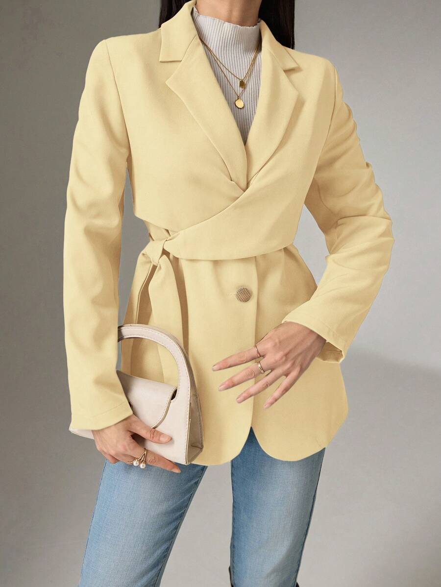 Heiryn Áo khoác blazer nữ tay dài ve áo màu trơn thắt nút bên hông, trở lại trường vào mùa thu/đông - Màu vàng - Xem 1