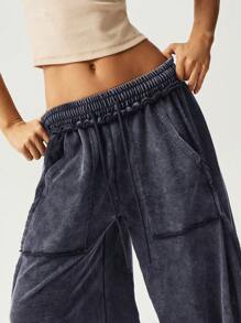 Bohemela Casual Knitted Snow-Washed Solid Color Patchwork Loose Wide-Leg Washed Women's Pants Wide Leg Pants Palazzo Pants Flowy Pants Oversized Pants Loose Pants - Grey - View 7