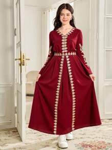 SHEIN Teen Girl's Weave Patchwork Gold Thread Lace Clothes Dress - Burgundy - View 2