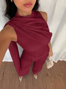 SHEIN Unity 女士夏季服装蓝色优雅中式立领无袖上衣搭配阔腿裤两件套 - 紅色 - 查看 4