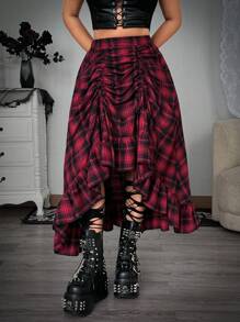 Whyspr 大码女式休闲格子褶皱松紧腰荷叶边下摆 A 字裙 - 彩色 - 查看 4