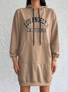 Cottnline Cotton Letter Graphic Pocket Drop Shoulder Drawstring Hooded Dress - Apricot - View 5