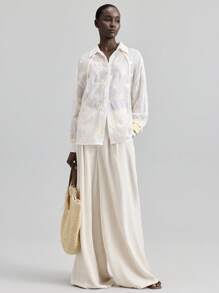 Ontre 优雅风格刺绣面料白色刺绣面料胶带连接翻领长袖女式衬衫，宽松休闲夏季服装 - 白色 - 查看 4