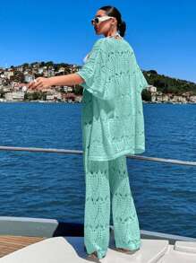 EURMUSE Bộ đồ kimono và quần dài tay ba phần tư đan móc cho nữ, dành cho kỳ nghỉ hè ở bãi biển - Màu xanh Bạc hà - Xem 2