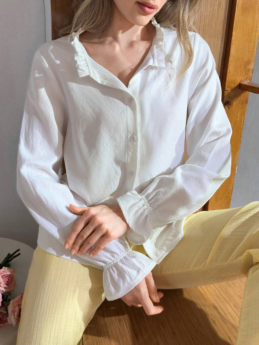 EURMUSE Women's Boho Style Good Quality Ruffle Detailed Linen Blouse - White - View 1