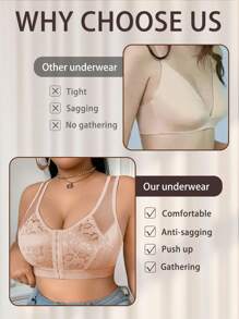 SHEIN 1pc Plus Size Front Snap Floral Jacquard Wireless Bra - Apricot - View 7