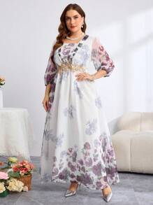 SHEIN Clasi Kurvenreiches Große Größen Elegantes und romantisches Chiffonkleid mit Positionsdruck, goldfarbene Kunstperlen-Spitze an der Taille, dunkelviolettes Kleid, fließendes Kleid, Cocktailkleid für Frauen, Fairycore, formelle Abendroben, bescheidenes Kleid, Konzert, Sommer, Sommeroutfits für Frauen