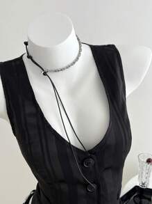 SHEIN Unity 春夏V领条纹缎面束腰女式流行西装外套 - 黑色 - 查看 1