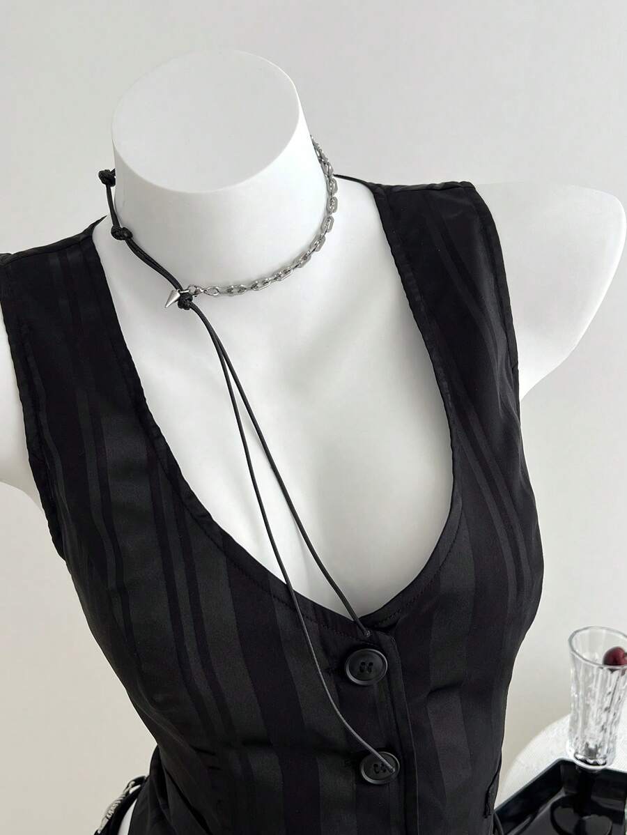 SHEIN Unity 春夏V领条纹缎面束腰女式流行西装外套 - 黑色 - 查看 1