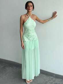 Aloruh فستان نسائي أشرطة عنق مفتوحة مع طباعة زهرية - أخضر - مشاهدة 8