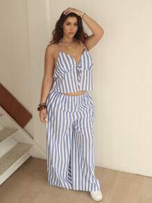 Dripcurv Conjunto de 2 piezas de top halter estampado con rayas y pantalones largos para mujer de talla grande, adecuado para uso diario y vacaciones - Azul - Ver 5