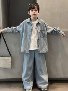 DAZY 2 件男童牛仔长袖上衣 + 牛仔裤套装，秋季服装 - 藍色 - 查看 1