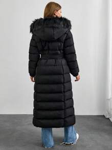 EURMUSE Petite Size Faux Fur Hooded Puffer Long Length Coat, Pasek, Metalowy Zamek Błyskawiczny I Akcesoria, Ciepły I Elegancki - Czarne - Zobacz 7