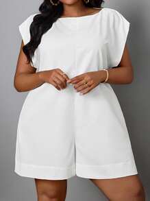 SHEIN PETITE CURVE Mono corto blanco suelto minimalista en talla grande para mujer, casual, vacaciones y salidas, primavera/verano - Blanco - Ver 5