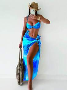 Swim SXY Bộ 3 món/Bộ đồ bơi dây mảnh bện ombre mùa hè mới cho nữ, quần short và váy đi biển Bikini - Nhiều màu - Xem 1