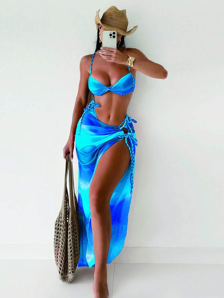 Swim SXY Bộ 3 món/Bộ đồ bơi dây mảnh bện ombre mùa hè mới cho nữ, quần short và váy đi biển Bikini - Nhiều màu - Xem 1