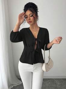 Elenzga Blusa elegante de mangas de linterna con nudo al frente y cintura ceñida - Negro - Ver 5