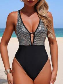 SHEIN Swim Traje de baño de una pieza de mujer con cintura alta, cuello en V profundo, diseño cruzado sin espalda, para el verano