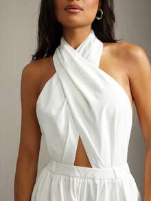 Hauture Elegant White Summer Formal Jumpsuit For Women,Old Money Business Casual Cross Front Halter Wide Leg Romper,Chic Minimalist Evening Office Outfit - White - View 5