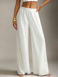 Hauture Old Money Sexy Business Casual Satin Pleated Wide Leg Ivory Pants For Women – Elegant High Waist Palazzo Trousers, Chic Office Lady Statement, Professional Workwear & Stylish Basic Minimalist Bottoms