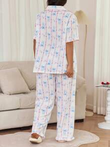 Dream Adore Plus Size Ruffled Collar Open Front Crinkled Ditsy Floral Bow Print Top & Pants Pajama Set, Cozy And Elegant Details - Multicolor - View 5