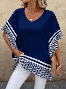 Women's Casual Spliced V-Neck Loose Blouse, Suitable For Summer - Multicolor - View 5