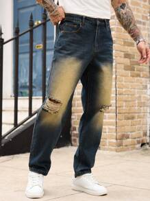 Manfinity Homme Jeans casuales y a la moda con bolsillos rotos para hombres - Azul - Ver 5