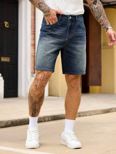 Manfinity Homme Men's Casual Basic Denim Jean Shorts Classic Medium Wash Zipper Fly Short Jeans For Everyday Streetwear