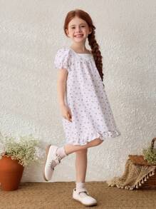SHEIN Young Girls' Korean Style Floral Lace Decor Peter Pan Collar Puff Sleeve Dress - Multicolor - View 3