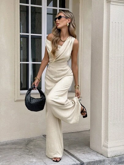 Serisse Women Summer Solid Color Linen Blended Casual Jumpsuit Butter Yellow, Classy Elegant, Tie Event Women's Formal  Women's Fashion Elegant Romantic Asymmetric Criss-Cross Jumpsuit  Vacay Outfits Women   Teacher Outfits For Women Chic