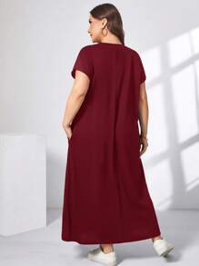 SHEIN Essnce Plus Size Women's Spring And Summer Fashion Casual Loose Comfortable Daily Short-Sleeved Green V-Neck Pocket Long Dress,Summer Outfits For Women,Church Clothes Women,Old Money Style Women,Teacher Outfits For Women,Airport Outfit For Women,Minimalist Style,Maxi Dress - Burgundy - View 2