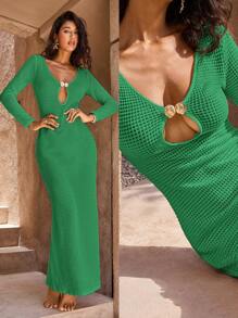 Opulessa Vestido formal de punto de un solo color con cuello en V, manga larga y cola de pez, para mujer, ideal para bodas, fiestas navideñas, eventos de cócteles, vacaciones en otoño e invierno