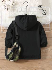 2pcs/Set Young Boys' Casual Cute Daily Warm Black Hoodie Jacket & Camouflage Fuzzy Crossbody Bag, Suitable For School, Hangouts, Fall/Winter