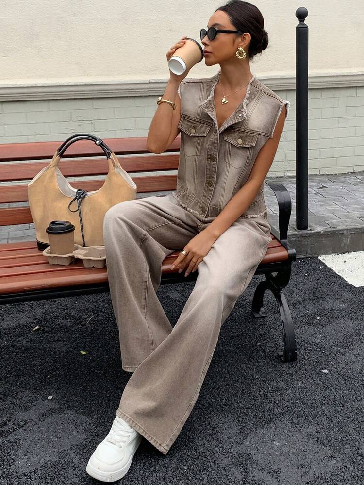 2pcs Set: Vintage Distressed Denim Sleeveless Vest And Loose Wide Leg Jeans,Back To School Clothes