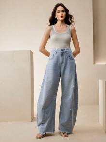 Anewsta Women's Casual Long Denim Jeans With Rhinestone Detail And Wide Leg Fit - Blue - View 6